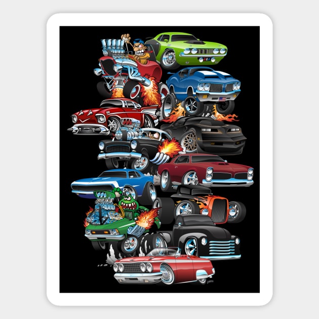 Car Madness! Muscle Cars and Hot Rods Cartoon Magnet by hobrath